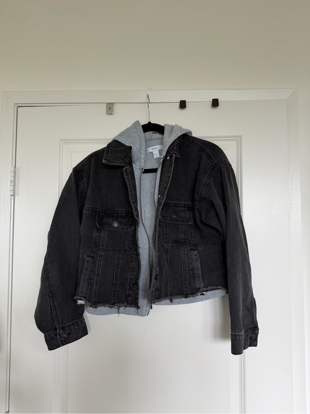 Forever 21 Black Denim Jacket with Light Gray Hoodie
